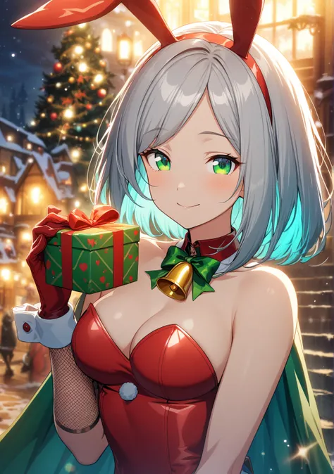 1 girl, Game CG, shallow depth of field, a portrait with a soft Gaussian blurred background, creating a dreamy atmosphere, upper body, happy atmosphere, charming smile, 

(silver Hair,  turquoise inner color, straight hair, Left-side parting bangs, bob cut...