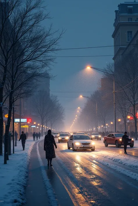 Night Tashkent winter snow cars 