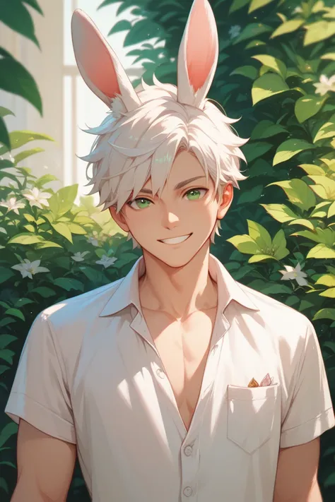 ,good quality,high quality,masterpiece,looking at viewer,1 BOY,WHITE hair,short hair,GREEN eye,facing front,rabbit ears,standing,SMILE,smooth anime boy