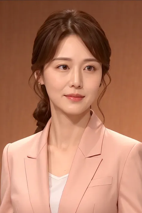 (( Best Quality , 8K, masterpiece :1.3)),   highlights a female Korean secretary in her 30s ,  Wear a well-fitting suit : 1.2,  Stylish and simple hairstyle : 1.2,   Giving instructions with a T-pose  : 1.5,  The background exudes a professional business a...