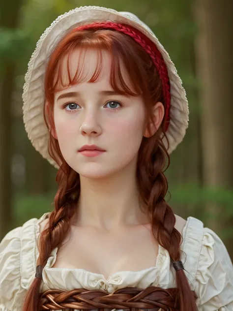 (best quality,4k,8k,highres,masterpiece:1.2),ultra-detailed,(realistic,photorealistic,photo-realistic:1.37), ((peasant woman, bonnet, shy, pale skin)), ((very large bust size for her young age)), braided red hair