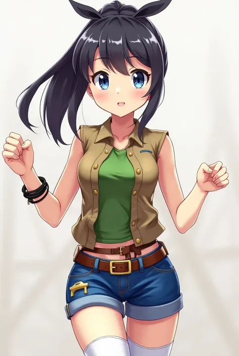 aamazaki, (antenna hair:1.2), medium breast,  ponytail brown shirt, green shirt, sleeveless, bracelet, belt, blue shorts, white thighhighs, blank blue eyes