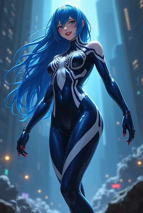 A blue-haired high school girl in an anime-style Venom suit is drowning in the power she has gained and is smiling、Posing、 She rules everything in this world 、The bodysuit has a pattern that looks like a white Spider-Man、She becomes complete evil 、She beca...