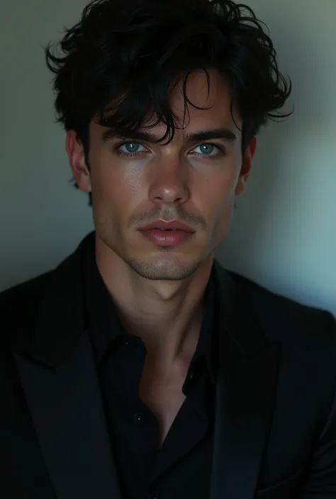 handsome man. young. of blue eyes,  sexy look ,  disheveled black hair , black elegant suit. Dangerous air . With a Spanish trait .  Aire to actor Ian Somerhalder 