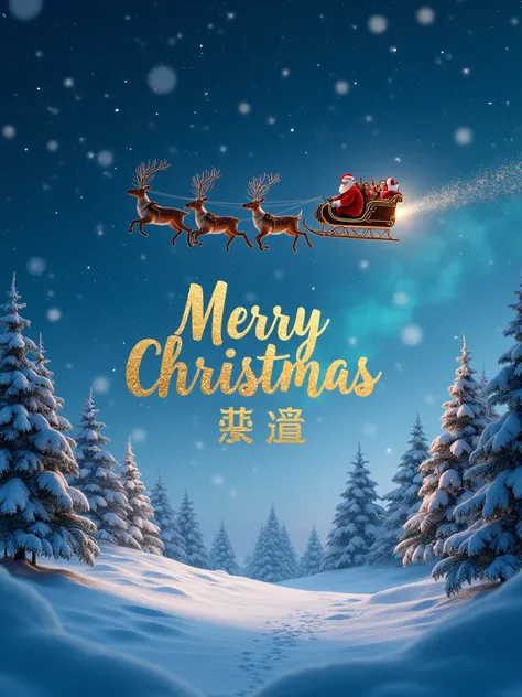 A magical Christmas snow scene, with a snowy landscape blanketed in soft, fluffy snow, and gentle snowfall falling from a starry night sky. In the sky, Santa Claus with his sleigh and reindeer are soaring across the stars, flying through the crisp night ai...