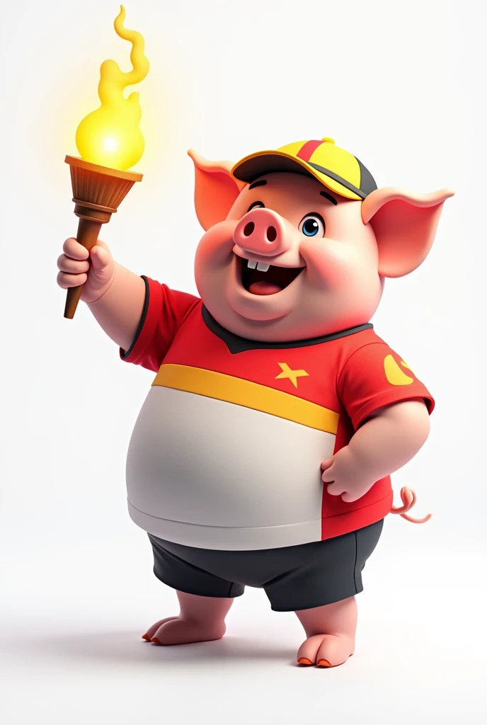 Cute chubby pig wearing a sports shirt, wearing a hat, holding a torch, 3d, white background.