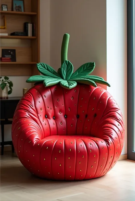  An armchair in the shape of a strawberry .  The chair should look almost realistic, with meticulous details.

