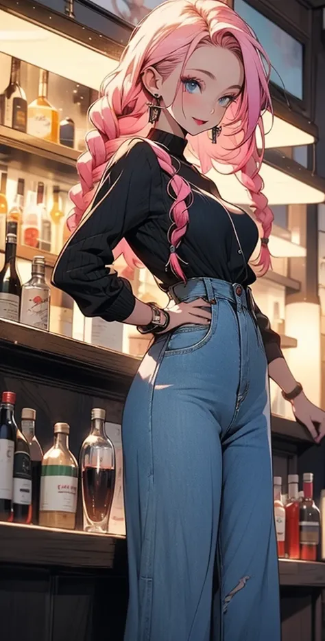  high definition ,  better quality ,  High detail,  high quality , full length ,full frame, Full-length girl , pink hair , Low Double Braids, Breasts, earrings,  blue eyes , makeup, scarlet lips,  denim jumpsuit , white sneakers ,Posing in front of the bar...