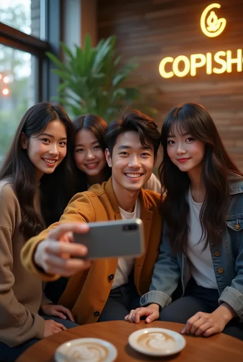 (photorealism:1.2),An Asian guy is having a selfie sitting with three long black haired women, Copishop site , look at the camera direction.

direction from above  