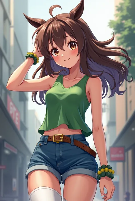 aamazaki, (antenna hair:1.2), medium breast, brown hair, green shirt, sleeveless, bracelet, belt, blue shorts, white thighhighs