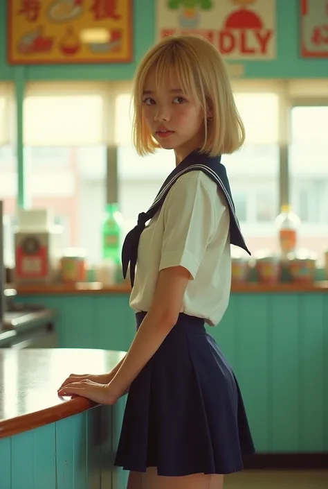 (JAPANESE_13yo:1.5),(blonde_very_short_hair:1.3),Portrait MagMix Girl looking at the camera,A retro ice cream shop with pastel-colored walls, Classic Soda Fountain Counter, Vintage ice cream poster, bathed in warm sunlight, Analog Film Photography, Kodachr...