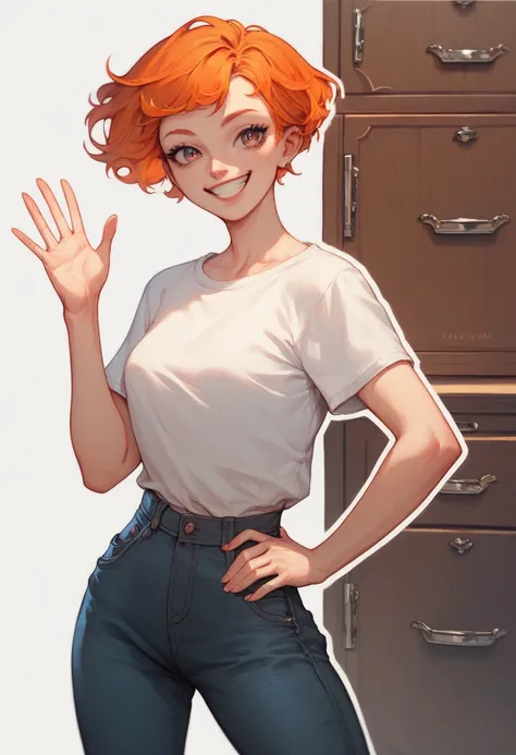 Drawer, short hair, and Orange hair, dark colorful eyes, standing happily with his hand hip and hand waving, plain white tee shirt, black jeans, big smile, plain white background, woman adult woman, white outline