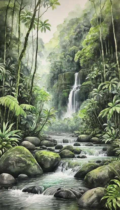 A charcoal and watercolor drawing of a river in a lush green rainforest jungle. The river is calm and has a few rocks in it. The background contains a waterfall and dense foliage. The ground is covered with moss. The atmosphere is serene.