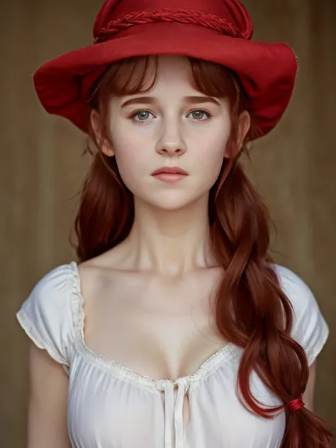 (best quality,4k,8k,highres,masterpiece:1.2),ultra-detailed,(realistic,photorealistic,photo-realistic:1.37), ((peasant woman, nightgown, mob cap, shy, pale skin)), ((very large bust size for her young age)), braided red hair