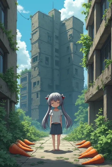  Dilapidated high rise building,  with carrots,  1 girl ,  long hair,  Twin Tails , Gray Hair,  closed eyes, Droopy eyes,  anime style, chest, 