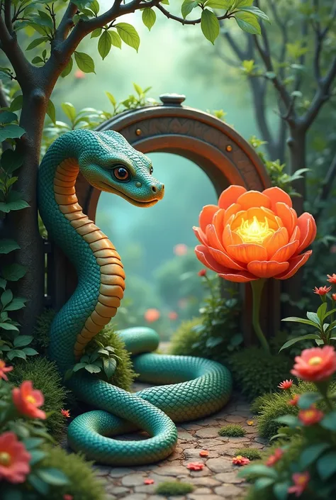 make a snake with a round flower on the side of the round gate