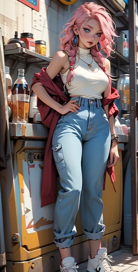  high definition ,  better quality ,  High detail,  high quality , full length ,full frame, Full-length girl , pink hair , Low Double Braids, Breasts, earrings,  blue eyes , makeup, scarlet lips,  denim jumpsuit , white sneakers ,Posing in front of the bar...