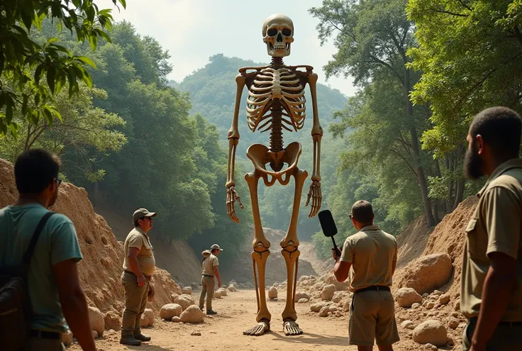 " A disproportionately large human skeleton in the middle of a tropical archaeological excavation, surrounded by trees and archaeologists .  in the background ,  a reporter with a microphone seems to argue with a guard who blocks the entrance to the site ....