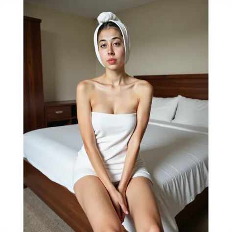 Woman wrapped in a towel sitting on a bed, posing in a bedroom , sitting on a bed, posing in bed , Sitting on the bed, sitting on her bed, while posing on the same bed , sitting on the edge of the bed, very sexy pose, 18 years old, sexy look at the camera,...