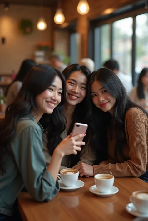 (photorealism:1.2), an Asian man taking a selfie sitting with three long black haired women, Copishop site , look at the camera direction.

direction from above  