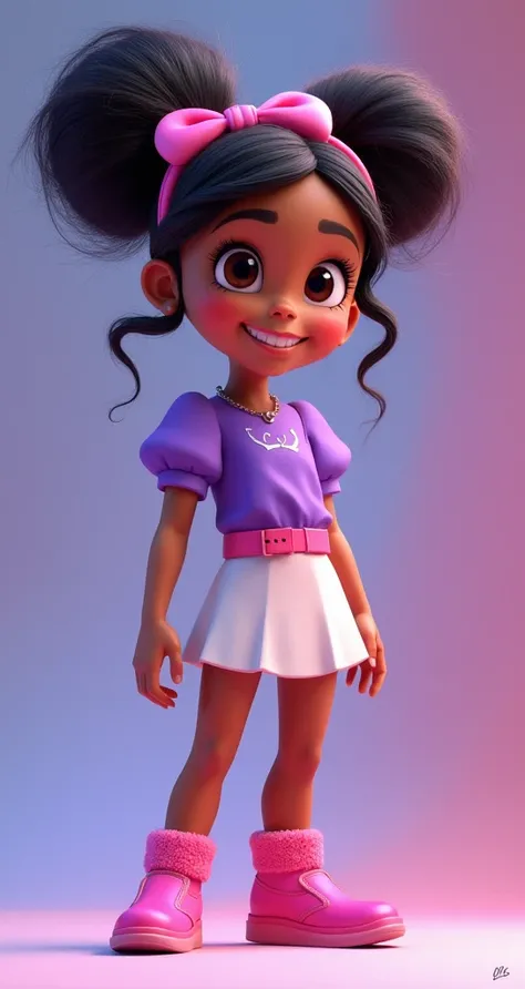 Mily, pj masks OCs, pink Headbow, large ponytail hair, purple blouse with puffed short sleeves, pink belt with white skirt, pink shoes chunky ankle,