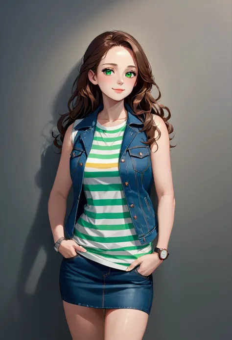 pretty woman, smiling, standing posed, bedroom, (+forehead, long wavy hair, half up half down, brown hair), (green and white striped t-shirt (+sloping sleeveless t-shirt), denim vest , denim pencil mini skirt, wristwatch), BREAK, (1girl, solo, full body), ...