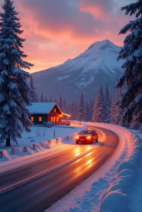 Warm colors, a car is driving on the road, in winter, there is a house in the distance with lights on, the snow mountain in the distance, the whole picture is bright and warm