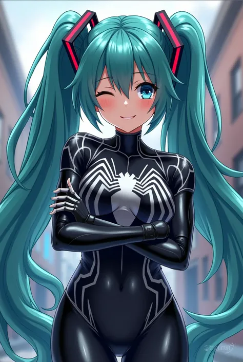  Hatsune Miku wearing an anime-style Venom suit and a female high school student drowning in the power they have gained and are smiling、Posing、 She rules everything in this world 、 The bodysuit has a pattern that looks like Spider-Man 、She becomes complete...