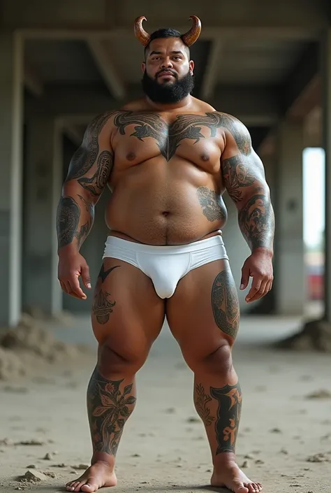     Muscular and fat young Maori man   , Its big and huge     , Is that fat   ,     his body Beefy    ,    who has tattoos   , He has a short beard ,   Wear white latex boxers   , He is muscular,     is in a building under construction,    that you can see...