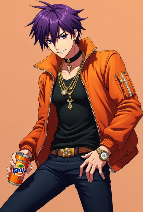 Narancia from jojos bizarre adventure, wearing gold chains with diamonds, diamond rings, golden watches, wearing an orange bomber jacket, sunglasses, short hair, black eyes, purple hair, smirk, choker, orangeheadband, dark slim tank top, kneeling, holding ...