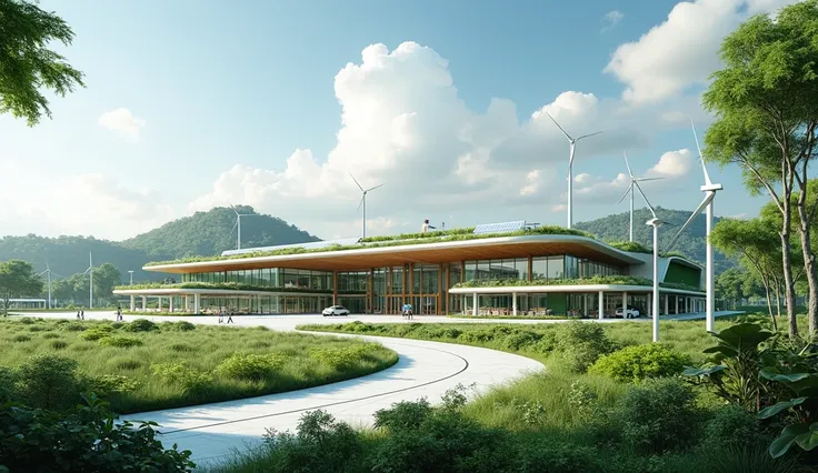 CREATE AN AIRLINE, A SUSTAINABLE AVIATION FACILLITY THROUGH GREEN ARCHITECTURE. THE RAMP FOR AIRPLANES MUST BE SHOWN, THE FACILITIES, AND LANDSCAPE