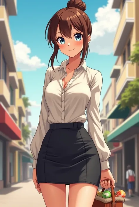 (anime) 28 year old woman, high, slender.Brown hair tied in a bun. ojos azules, smiling with big breasts .  with a miniskirt that highlights her legs and a blouse with a lot of neckline, carrying in one of her hands a bag with food 
