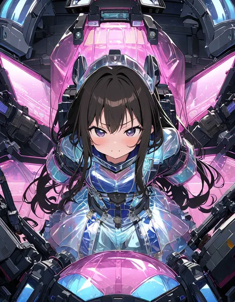 ( inoue takina, ),            ( translucent frill, restrained, restrained by machine, shining vinyl translucent pilot suits, sitting on mechanical cockpit, ), cool girl, seriously,  (bang dream style), cybernetic cockpit seat background , ( panties, m-shap...