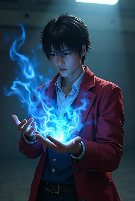 Kyo Kusanagi  ( The King of Fighters) observing a blue flame in the palm of his hand in a combat position