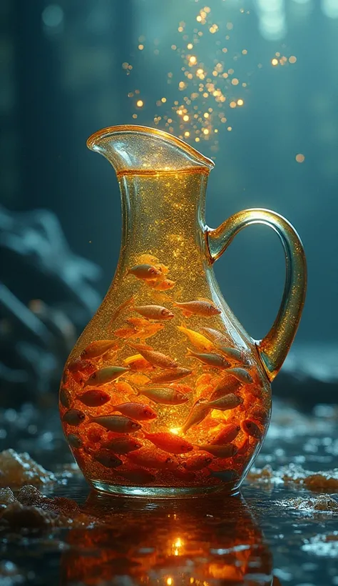 Inside the jug, a school of colorful fish gathers, their scales reflecting golden and red hues. The Santa Clock uses its tiny hands to orchestrate their harmonious Christmas carols. As they sing, golden ripples radiate outward, lighting up the tranquil wat...