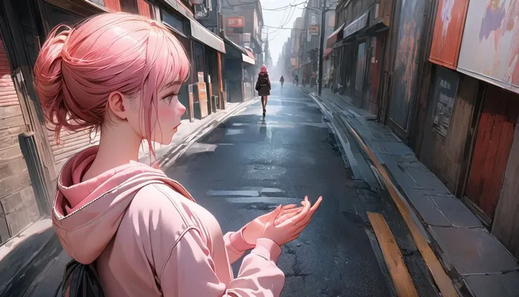 8k, female， is putting her hands in an extremely delicate and beautiful , beautiful and realistic skin ,  long, shiny pink hair, symmetrical , Hoodie, Back view of walking briskly alone on the sidewalk in the direction of the road ,Side view of a girl 
