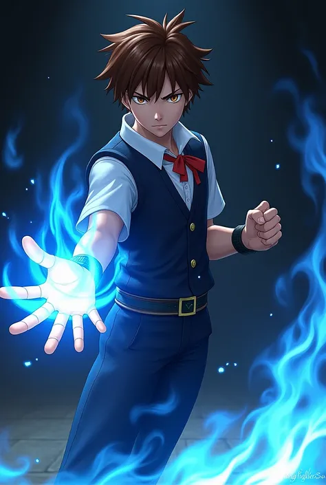 Kyo Kusanagi  ( The King of Fighters).  watching a blue flame , in the palm of his hand .  in a combat position