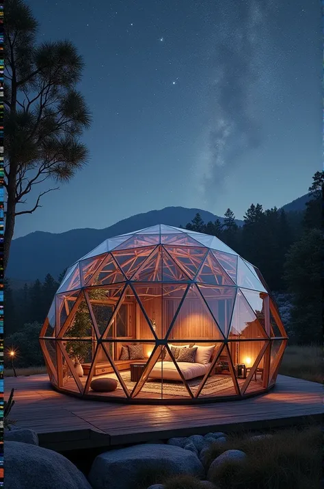 Construct a geodesic dome with transparent panels for stargazing. Furnish with warm, bohemian touches and incorporate eco-friendly heating and cooling systems