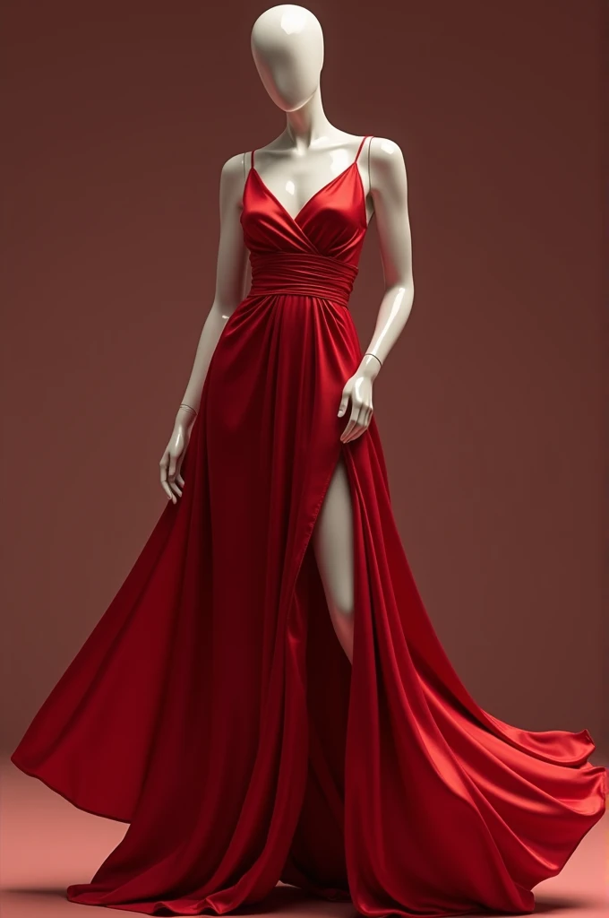  Imagine an elegant mannequin that stands gracefully ,  wearing a dazzling red satin dress .  The V-neck highlights the neck and shoulders ,  while the circular skirt flows with movement , creating a captivating effect .  The opening in the leg adds a touc...