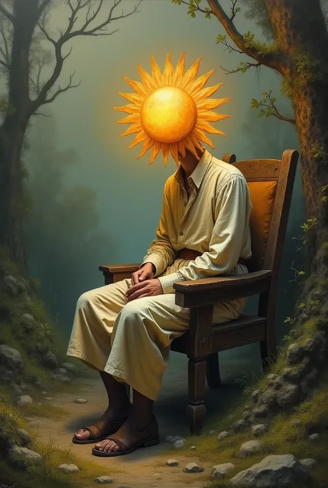 Create an image of a Sun-headed man with a face in a surrealistic way 
Wearing old clothes 
Sitting on a wooden chair
In the middle of nature
The image must have cold tones and refer to old paintings
Man must be a bit distant with nature quite prominent