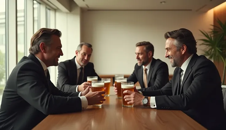 4 Rich man sitting in big empty table and drinking beer. Beer glass in there hand 