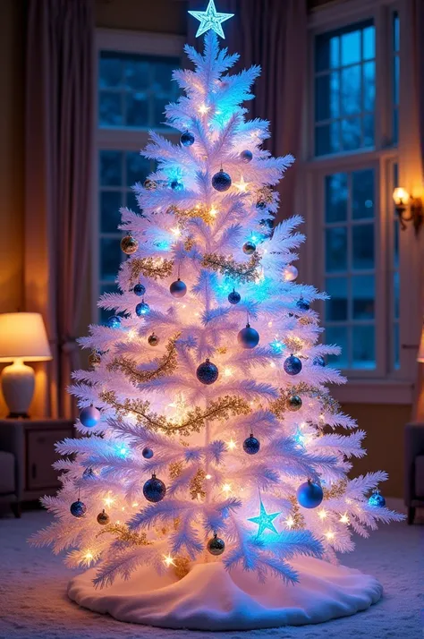 A white Christmas tree with gold and blue accessories and with RGB lights