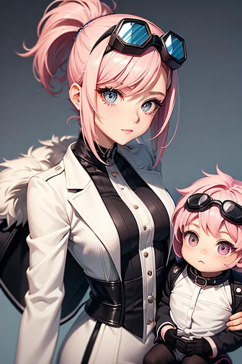 A character design of a young woman with a youthful, slightly baby-faced appearance. She has pink hair styled in a more mature yet playful way, such as a neat bob or medium-length waves. She wears a sleek, futuristic white suit with pink accents that add p...