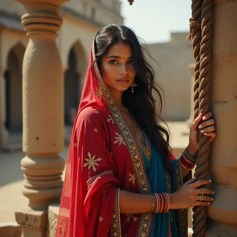 A butiful Indian woman, dressed in a traditional sari with vibrant colors (such as red or blue), holding rope, stand beside old Water well rope Background a rajsthani village