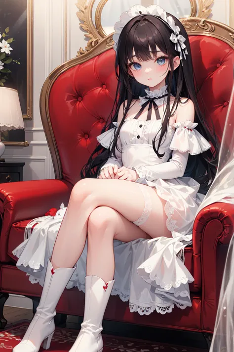  has long, dark hair ， with warm blue eyes  ，Black eyebrows、Clear and bright eyes，The lines of the facial features are soft and graceful，Cold and elegant，Refined spirit，There is no flaw at all。 The skin is white and red ，Wearing a white Lolita dress， white...