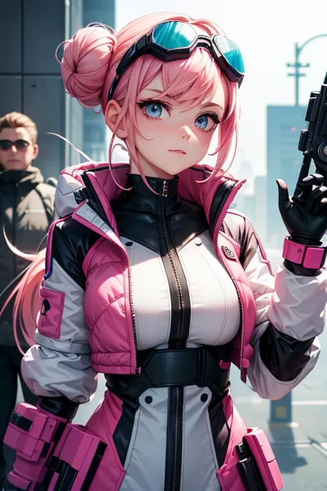 A futuristic young woman with a slightly baby-faced appearance, styled with a unique side bun (side chignon) on one side of her head. Her pink hair is neatly arranged, combining functionality and charm, with the remaining hair flowing naturally in light wa...