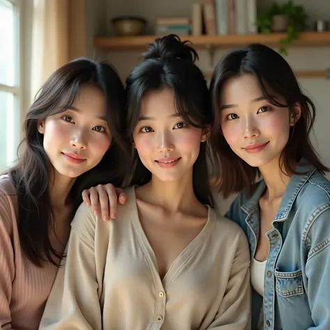 Photorealist, perfect clone, 3 female, blackhair, Longhair and shorthair and ponytail, Japanese, women, 25year, beautiful face, livingroom, casual wear, side by side, sit down, on a chair, Smile