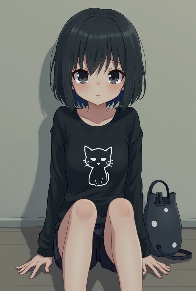 (loli)(  white skin ) ( slim) (black and very short hair)(black and sad eyes)( black shirt with a cat drawing)(short shorts)(I had black with white spots ) ( a bag on the side of a cat ) ( anime style)