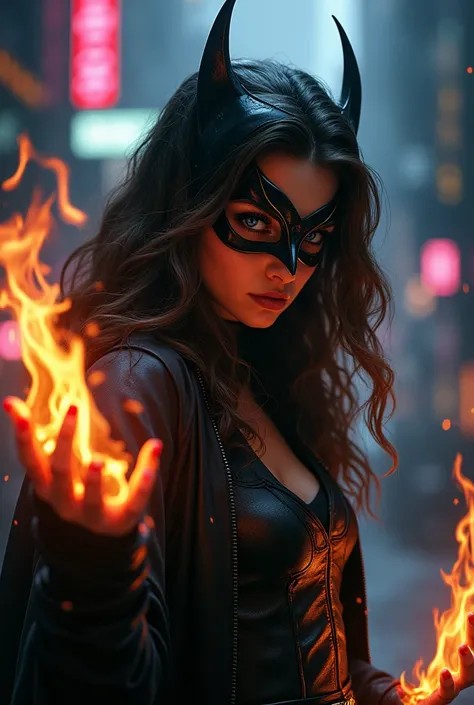  A girl with long, curly brown hair, blue eyes, and droopy eyes，Gothams villain ， wears a bird-shaped mask ， Scythe is a weapon ， has the ability to control flames 