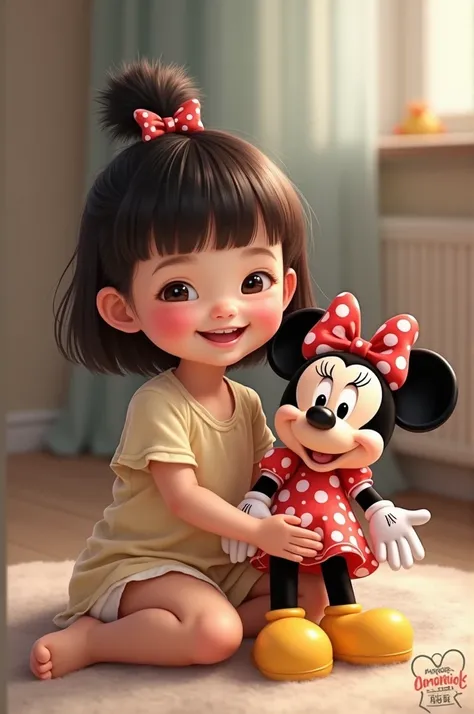 Happy Baby girl with flat bangs hair, sitting with mickey doll wearing minnie costume